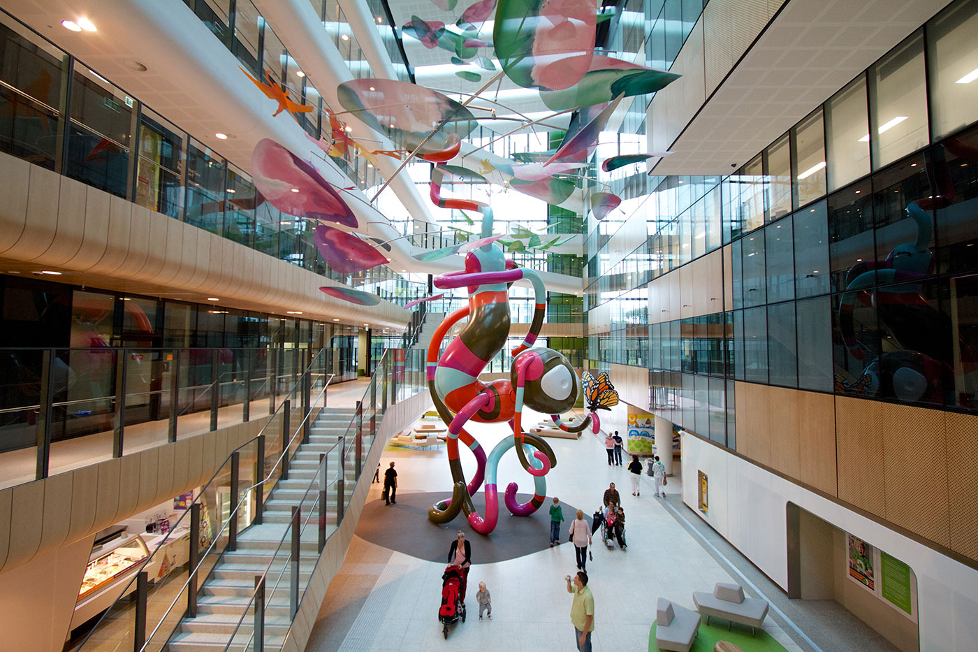 A tall, colourful organic sculpture fills the atrium of the Royal Children’s Hospital in Melbourne.