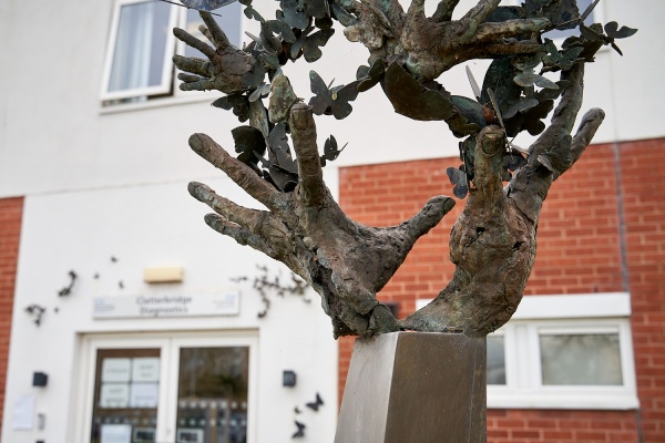 Detail of bronze outstretched hands and butterflies in Emma Rodgers’s New Life outside Clatterbridge Cancer Centre, Wirral.