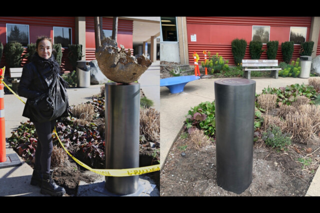 A composite image shows Marie Khouri beside the bronze Vessels sculpture and the empty pedestal after its theft.